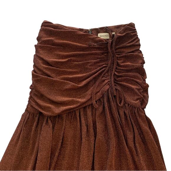 NICHOLAS Jayde Metallic Ruched Pleated Front Hem Slit Bronze Umber Skirt Size 4 - Picture 3 of 9